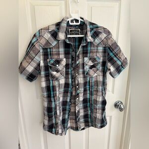 BKE Men’s Acid Wash Blue Gray Short-Sleeve Plaid Button-Down Shirt Size Large